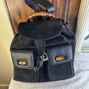 GUCCI Black Leather Suede Bamboo Top Handle Backpack Excellent Condition Black